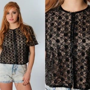 Beaded Cropped Shirt | Sténay Petite 90s Black Nude Beads Sequins Roses Rosebud